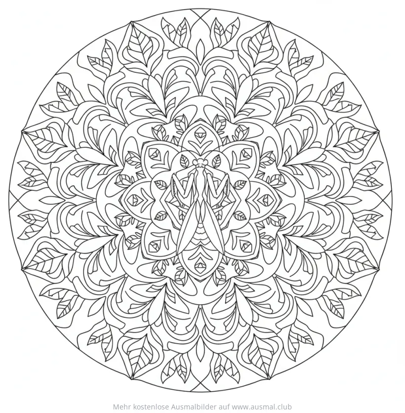 Gottesanbeterin Ausmalbild im Mandala mit Blättern