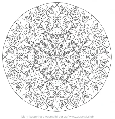 Gottesanbeterin Ausmalbild im Mandala mit Blättern