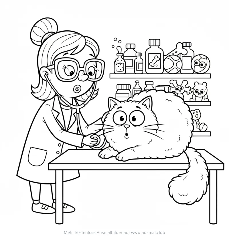 Tierarzt untersucht Katze mit Stethoskop Ausmalbild