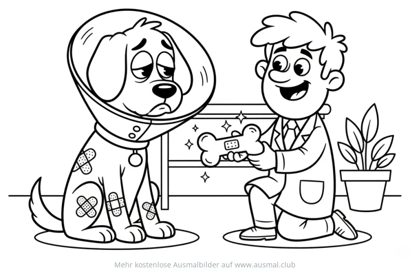 Hund mit Halskrause und Tierarzt mit Knochen Ausmalbild
