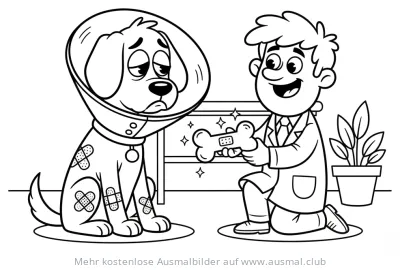 Hund mit Halskrause und Tierarzt mit Knochen Ausmalbild