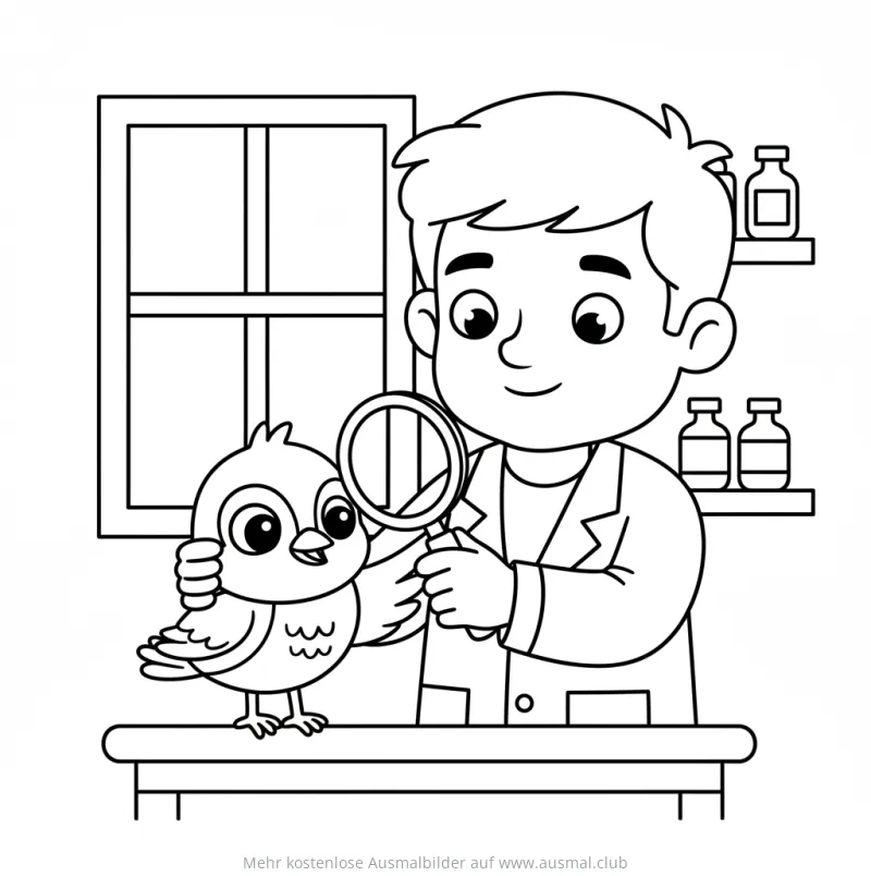 Tierarzt untersucht Vogel mit Lupe Ausmalbild
