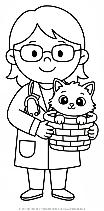 Tierarzt hält Kätzchen in Korb Ausmalbild
