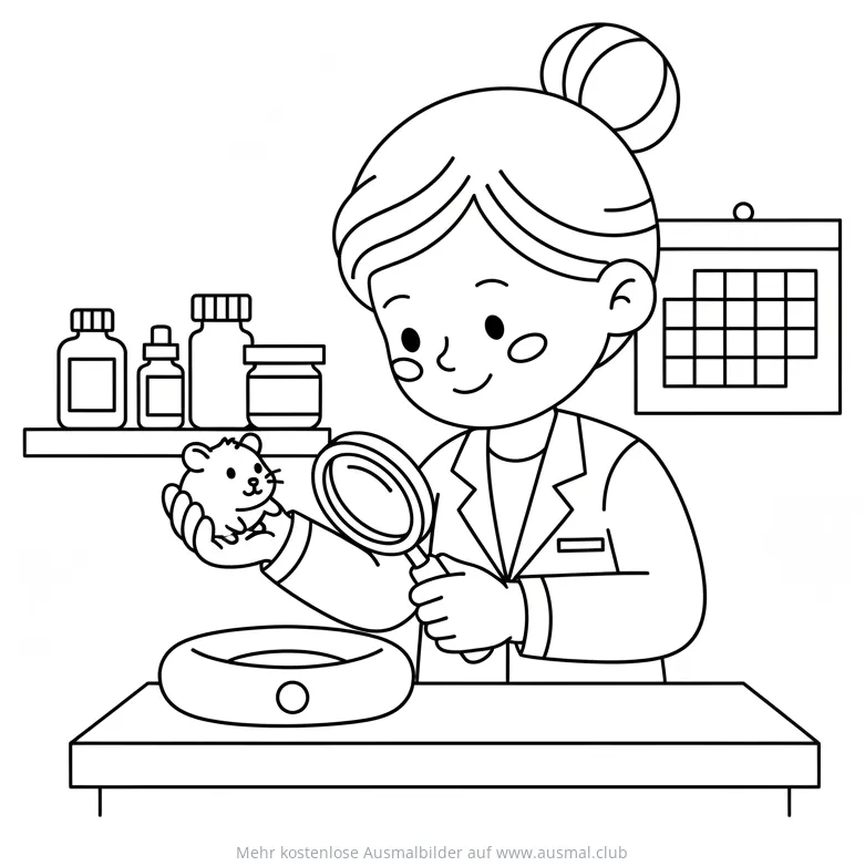 Tierarzt untersucht Hamster mit Lupe Ausmalbild