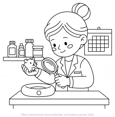 Tierarzt untersucht Hamster mit Lupe Ausmalbild