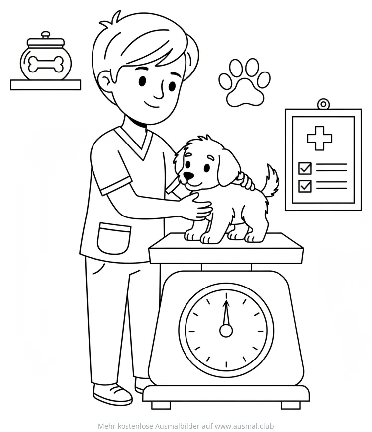 Tierarzt untersucht Welpe auf Waage Ausmalbild