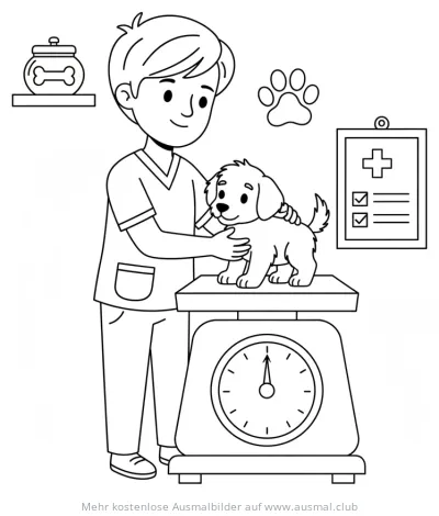 Tierarzt untersucht Welpe auf Waage Ausmalbild