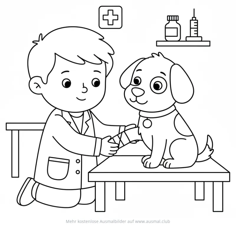 Tierarzt verbindet Pfote eines Hundes Ausmalbild