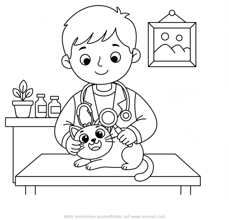 Tierarzt untersucht Katze mit Stethoskop Ausmalbild