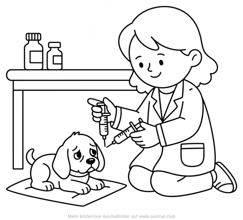 Tierarzt gibt Welpen eine Spritze Ausmalbild