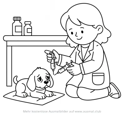 Tierarzt gibt Welpen eine Spritze Ausmalbild