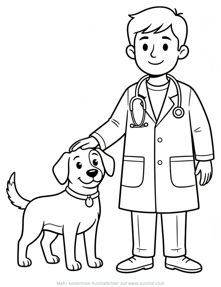 Tierarzt mit Stethoskop streichelt Hund Ausmalbild
