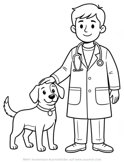 Tierarzt mit Stethoskop streichelt Hund Ausmalbild
