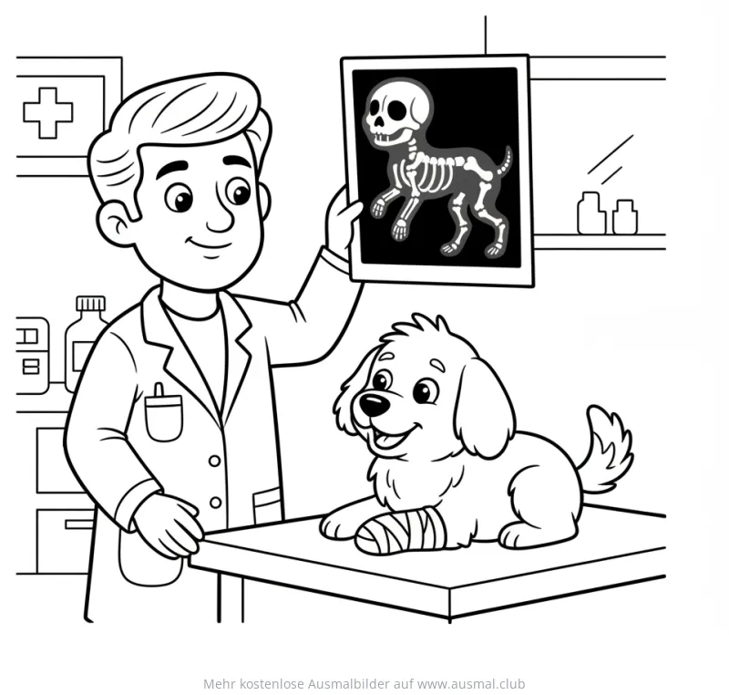 Tierarzt betrachtet Röntgenbild eines Hundes, ein weiterer Hund mit Verband liegt auf dem Tisch Ausmalbild