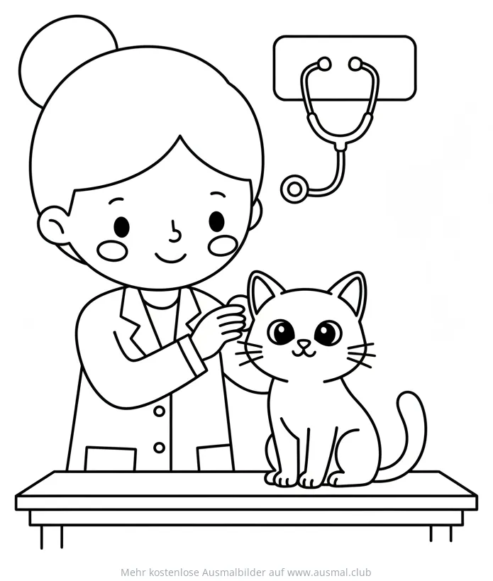 Tierärztin untersucht das Ohr einer Katze Ausmalbild