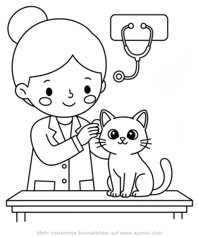 Tierärztin untersucht das Ohr einer Katze Ausmalbild