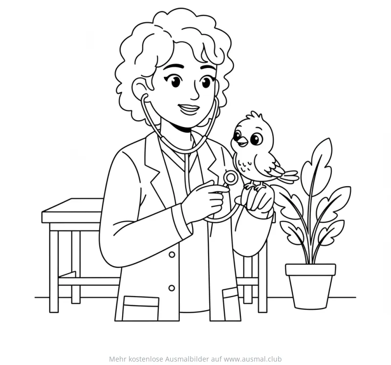 Tierarzt untersucht Vogel mit Stethoskop Ausmalbild