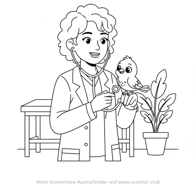 Tierarzt untersucht Vogel mit Stethoskop Ausmalbild