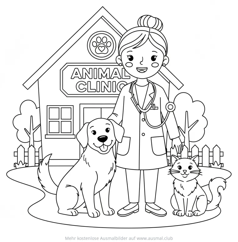 Tierarzt mit Hund und Katze vor Tierklinik Ausmalbild