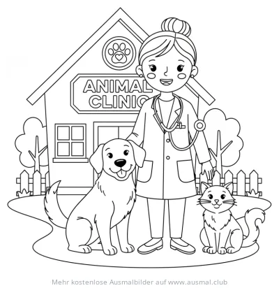 Tierarzt mit Hund und Katze vor Tierklinik Ausmalbild