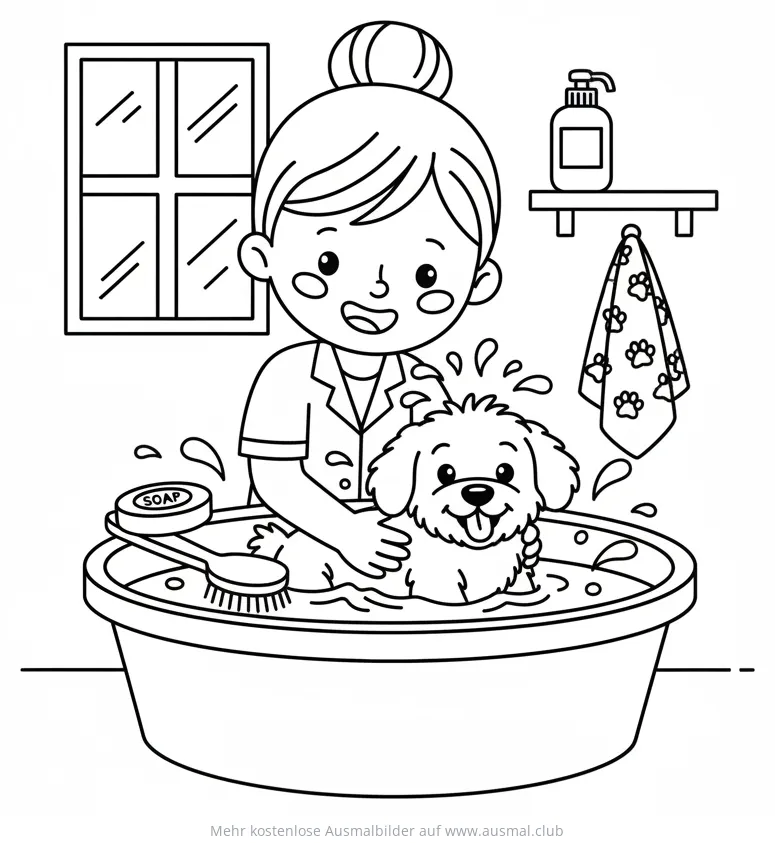 Hund wird gebadet Ausmalbild