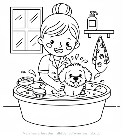 Hund wird gebadet Ausmalbild