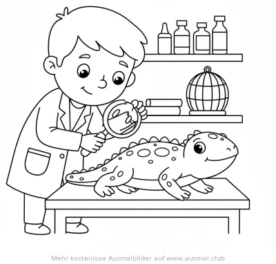 Tierarzt untersucht Echse mit Lupe Ausmalbild