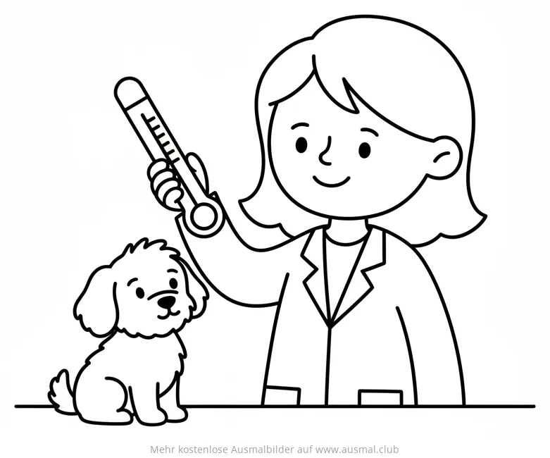 Tierarzt untersucht kleinen Hund mit Thermometer Ausmalbild