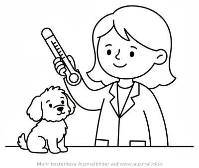 Tierarzt untersucht kleinen Hund mit Thermometer Ausmalbild