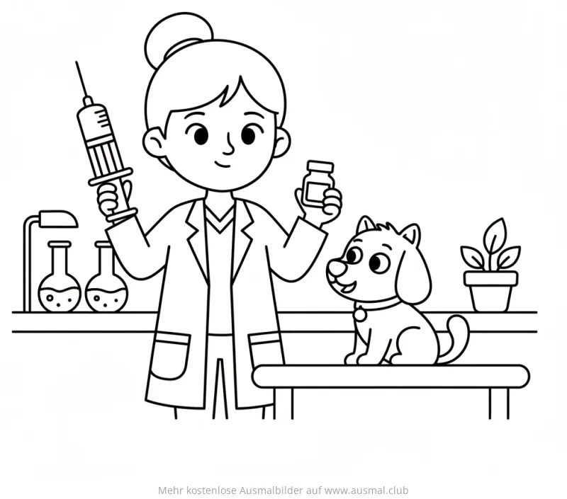 Tierarzt mit Spritze und Hund Ausmalbild