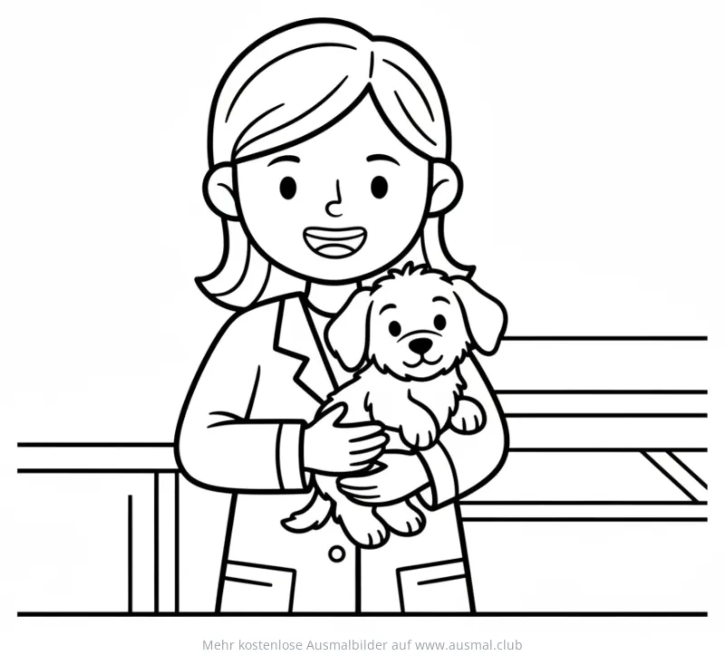 Tierärztin hält Welpen Ausmalbild