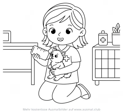 Tierärztin füttert Kätzchen Ausmalbild