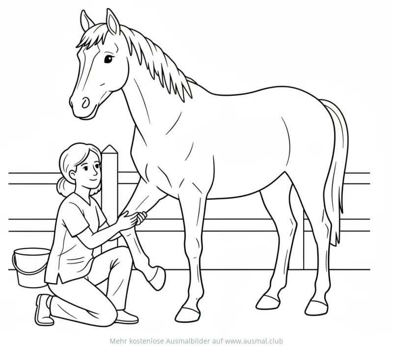 Tierärztin untersucht ein Pferd Ausmalbild