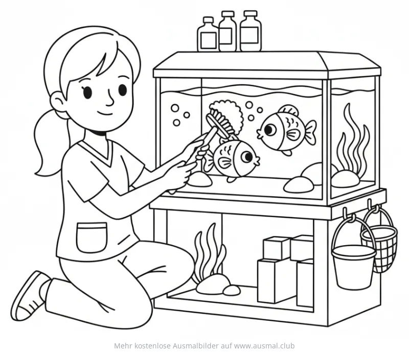 Tierärztin reinigt Aquarium mit Fischen Ausmalbild