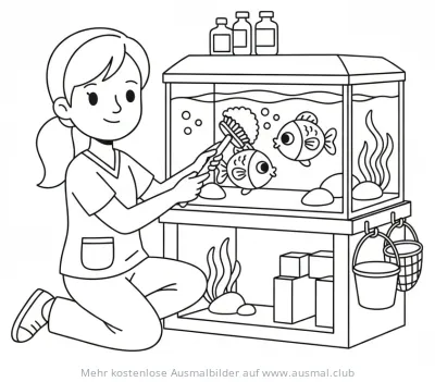 Tierärztin reinigt Aquarium mit Fischen Ausmalbild