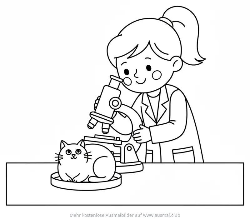 Tierarzt Ausmalbild mit Mikroskop und Katze
