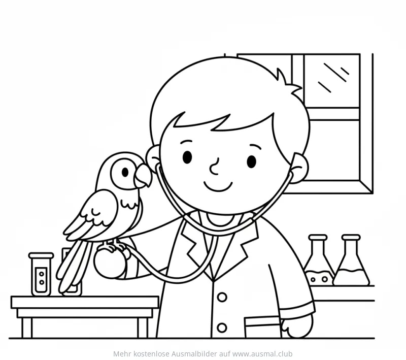 Tierarzt untersucht Papagei mit Stethoskop Ausmalbild