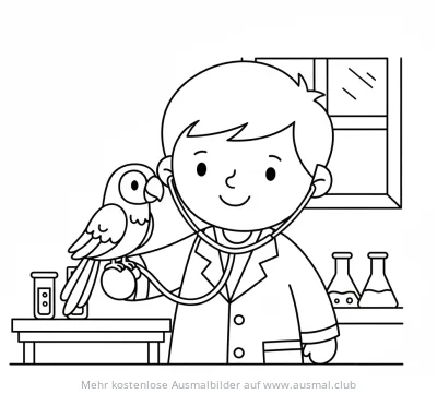 Tierarzt untersucht Papagei mit Stethoskop Ausmalbild