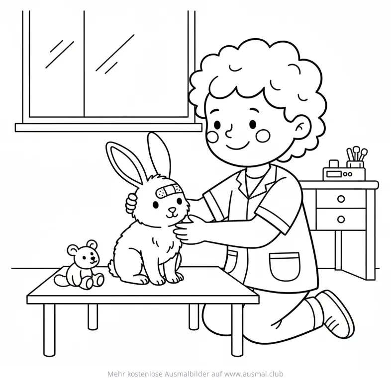 Tierarzt versorgt Kaninchen mit Ohrverband Ausmalbild