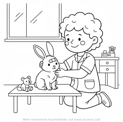 Tierarzt versorgt Kaninchen mit Ohrverband Ausmalbild