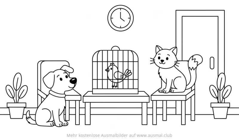 Tierarzt Wartezimmer mit Hund, Katze und Vogel Ausmalbild