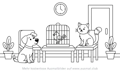 Tierarzt Wartezimmer mit Hund, Katze und Vogel Ausmalbild