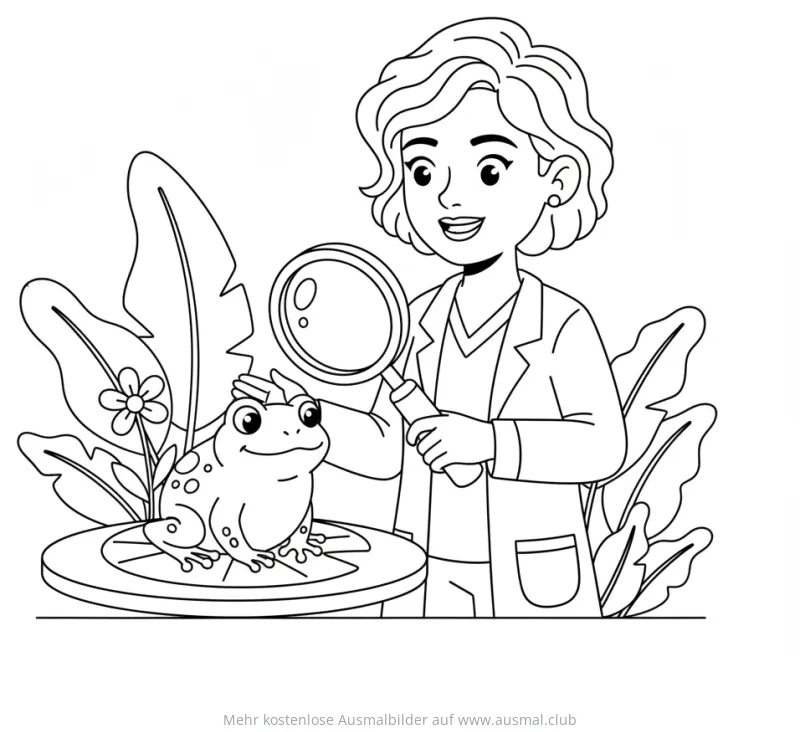 Tierärztin untersucht Frosch mit Lupe Ausmalbild
