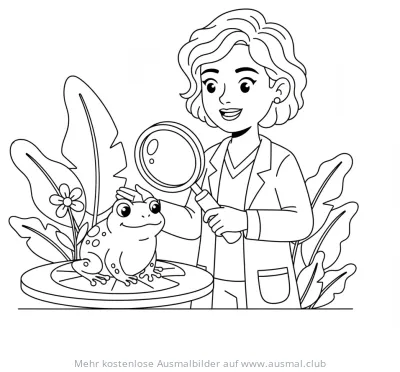 Tierärztin untersucht Frosch mit Lupe Ausmalbild