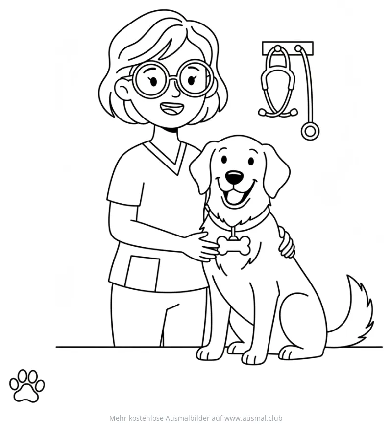 Tierarzt umarmt Hund mit Knochenhalsband Ausmalbild
