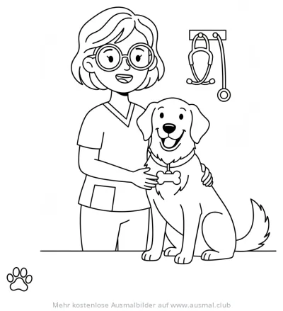 Tierarzt umarmt Hund mit Knochenhalsband Ausmalbild