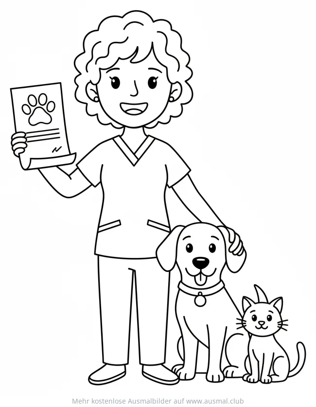Tierärztin mit Hund, Katze und Zertifikat Ausmalbild