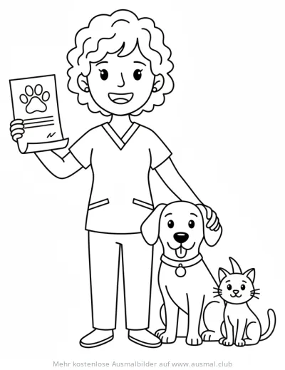 Tierärztin mit Hund, Katze und Zertifikat Ausmalbild