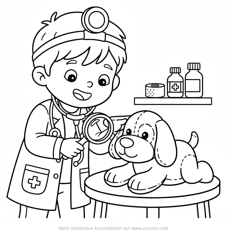 Junger Tierarzt untersucht Stoffhund mit Stethoskop Ausmalbild