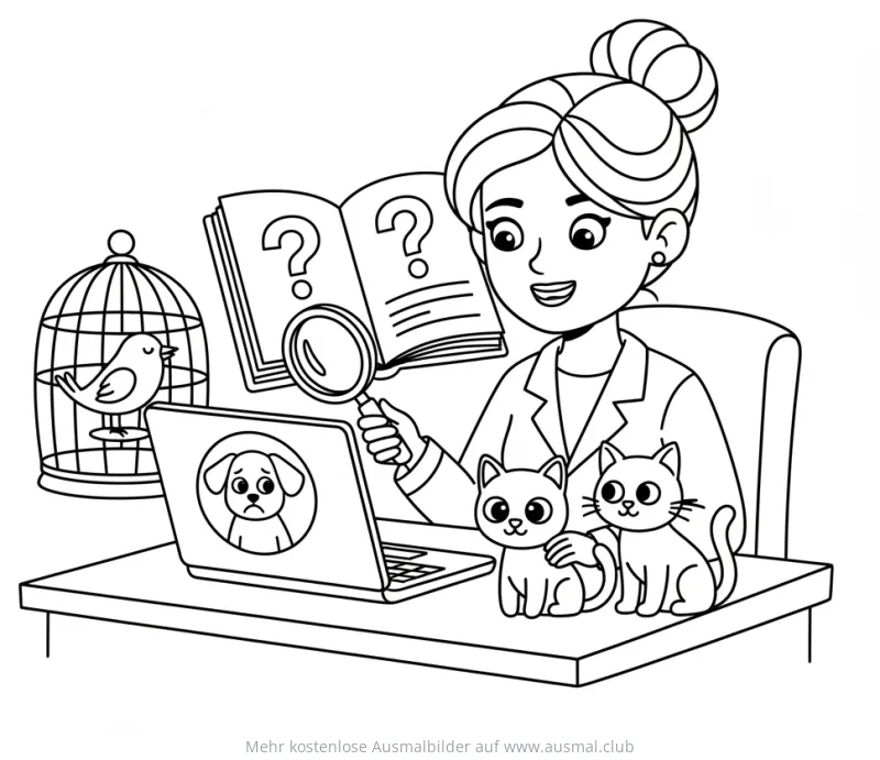 Tierärztin mit Laptop, Katzen und Vogel Ausmalbild